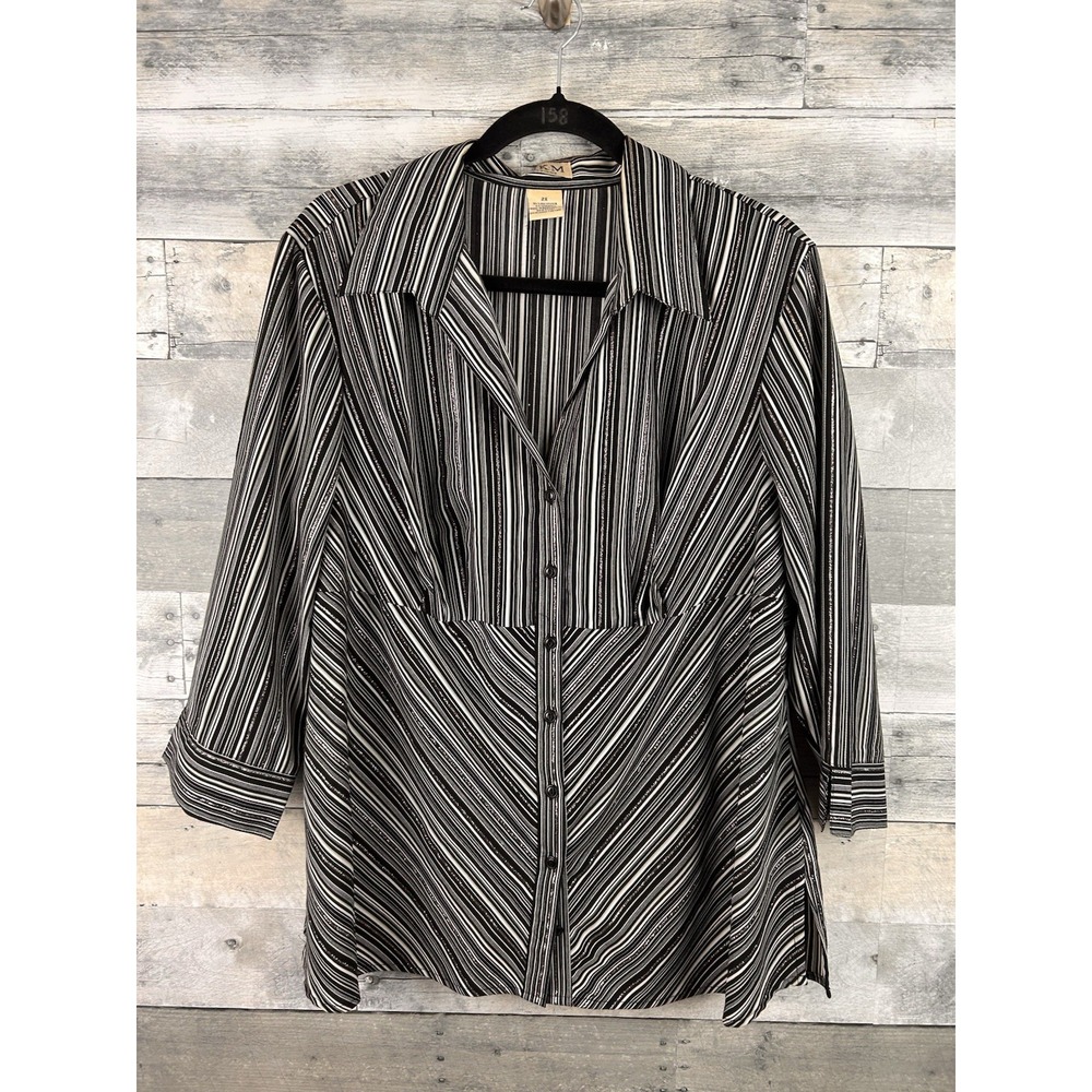 MKM Designs Women's 2X V Neck Button Up Long Sleeve Blouse
